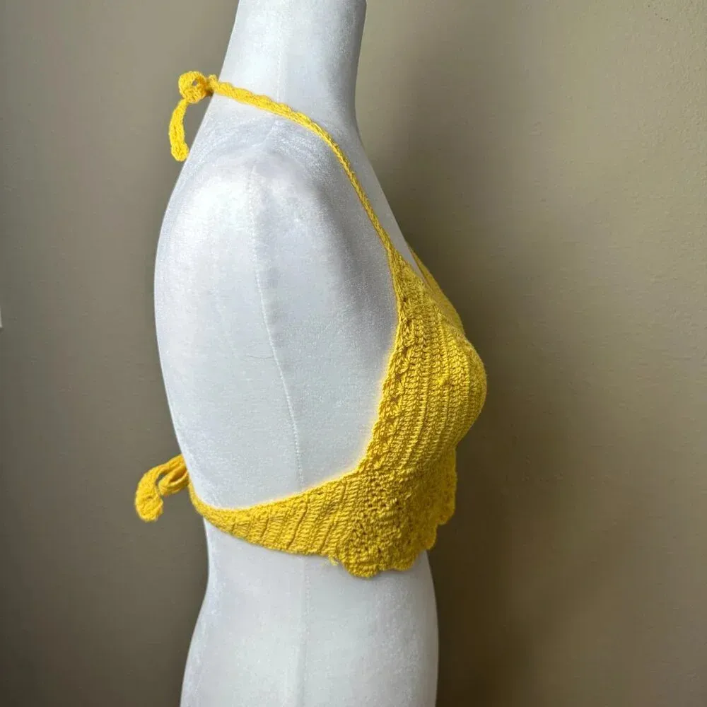 HANDMADE Yellow Crochet Halter Bralette Crop Top - one size - Image 6