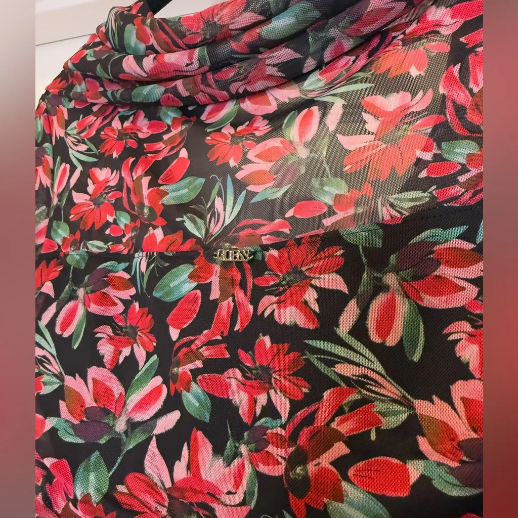 Guess Floral Long Sleeve Ruched Cowl Neck Top Small Black Red Green Stretchy NWT - Image 7