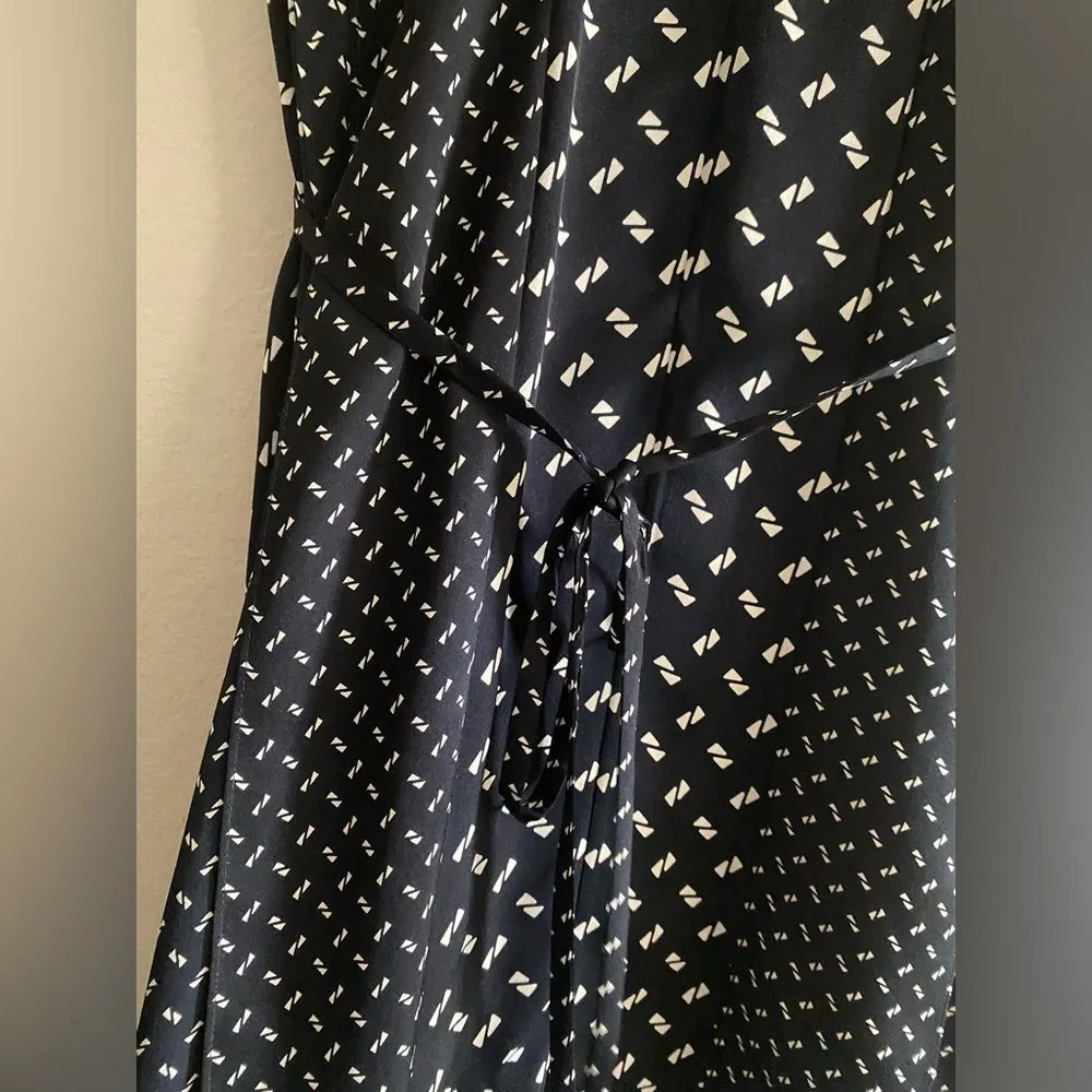 THEORY V-Neck Midi 100% Silk Navy Microlink Pattern Georgette Dress Large L - Image 6