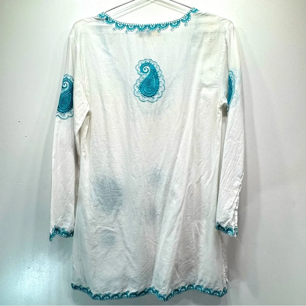 Bag Lady Mudpie White Tunic Swimsuit Cover Up Teal Embroidered Paisley Floral Size M - Image 8