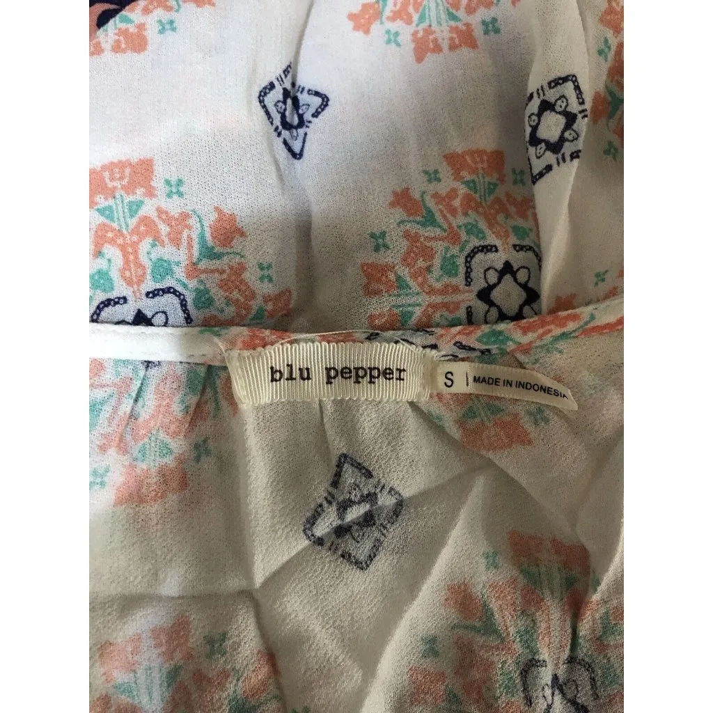 Blu Pepper Boho Blouse Long Sleeve ~ Size Small ~ Cream/Blue/Orange - Image 6