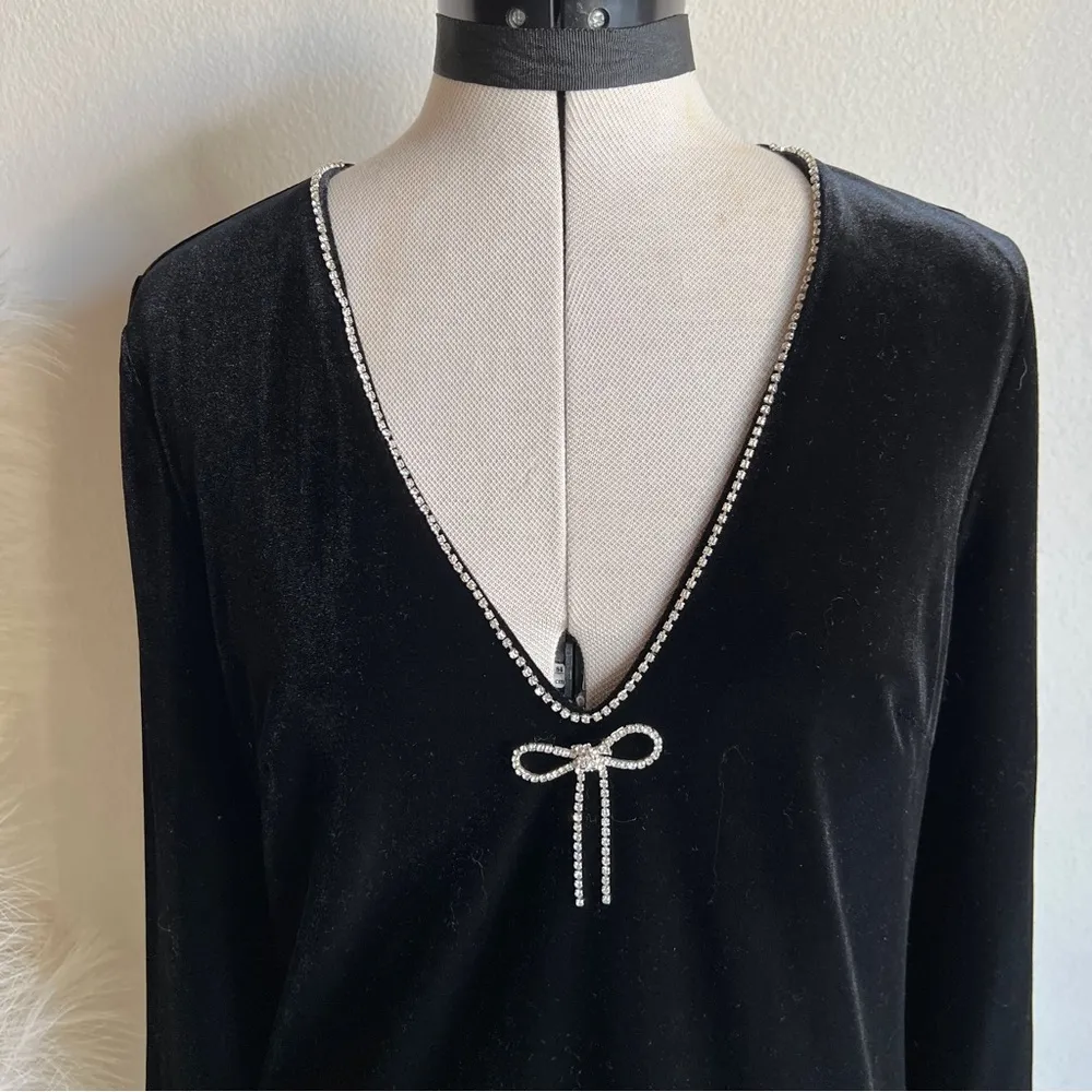 NWT Lucy Paris Black Velvet Long Sleeve Rhinestone Bow mini dress - Image 9