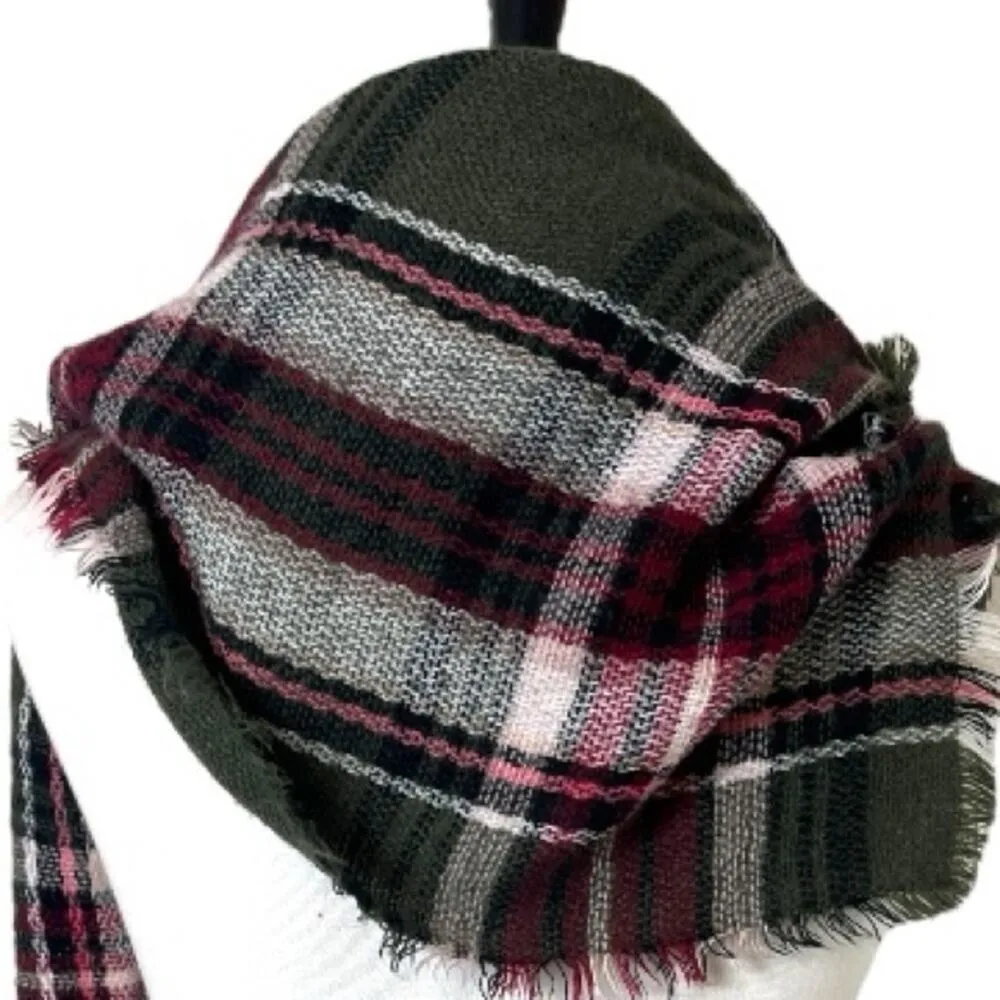 Blanket Scarf Wrap Shawl Square Fringe Olive Green Pink Multi Plaid Women’s - Image 6