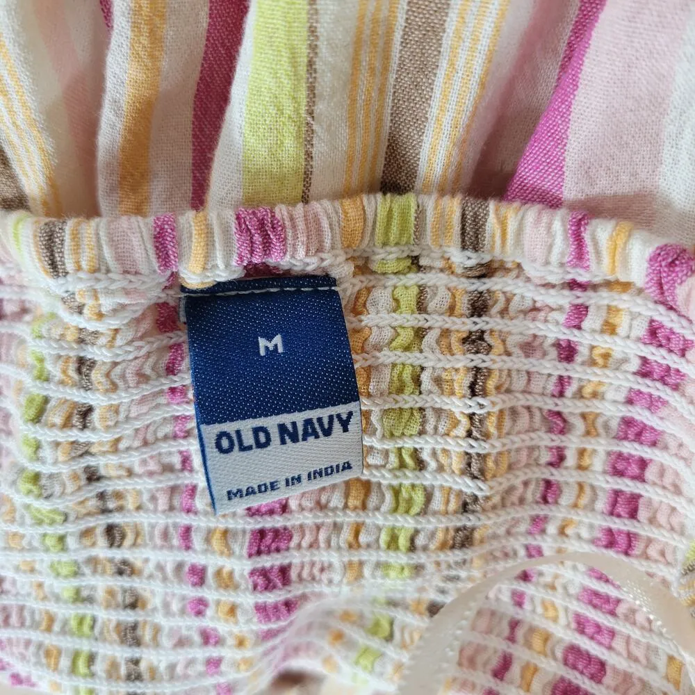 Old Navy Halter Dress Womens M Multicolor Striped Baby Doll Smocked Cinch Maxi - Image 2