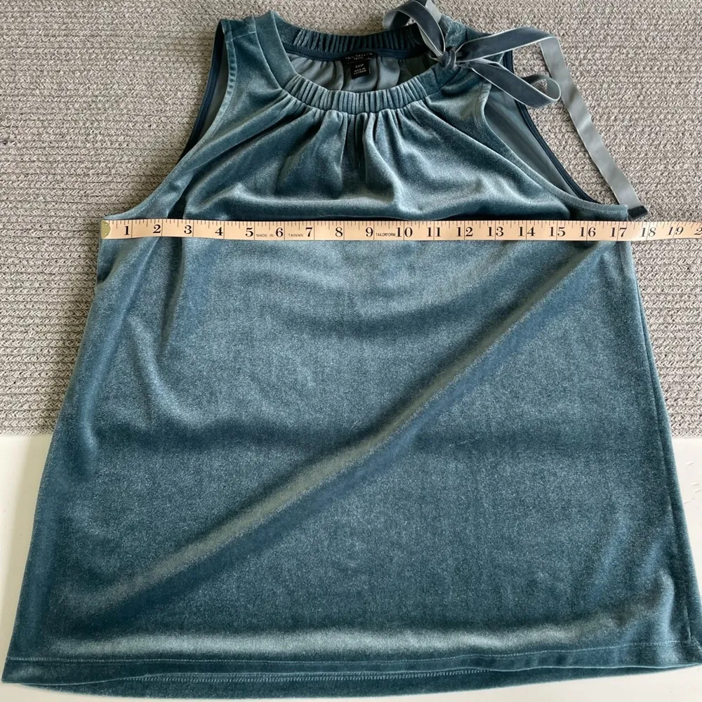 Ann Taylor Teal Blue Velvet Sleeveless Blouse with Ribbon Bow Detail XXS Petite - Image 7