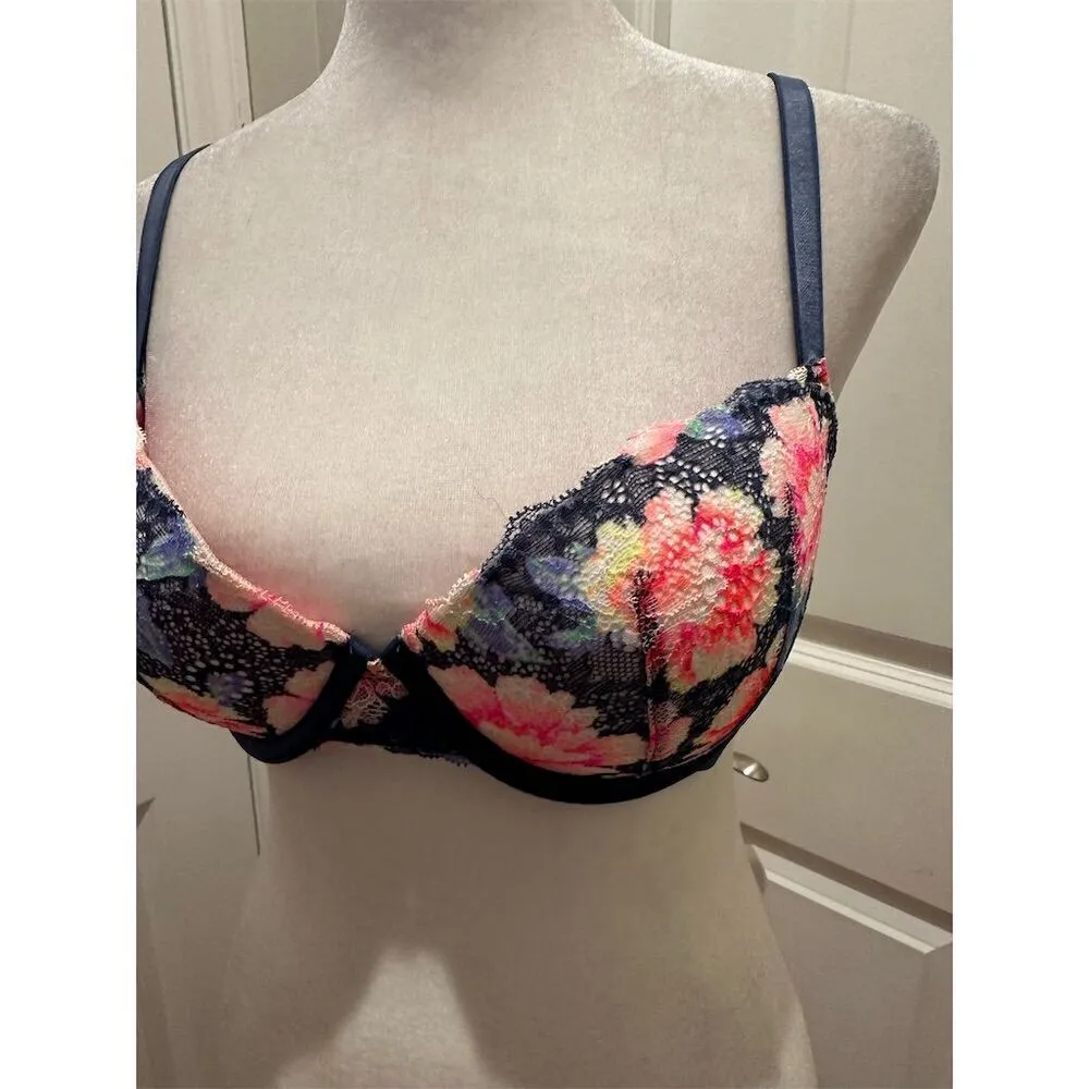 Victoria's Secret PINK Push Up Bra 34D Floral Navy Blue/Pink Adjustable … - Image 3