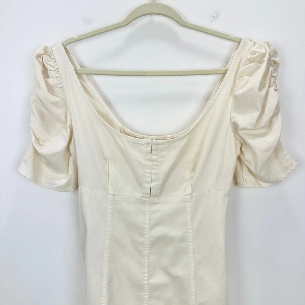 Free People Cheyenne Denim Mini Dress Ivory Puff Sleeve Pockets Coquette Small - Image 5