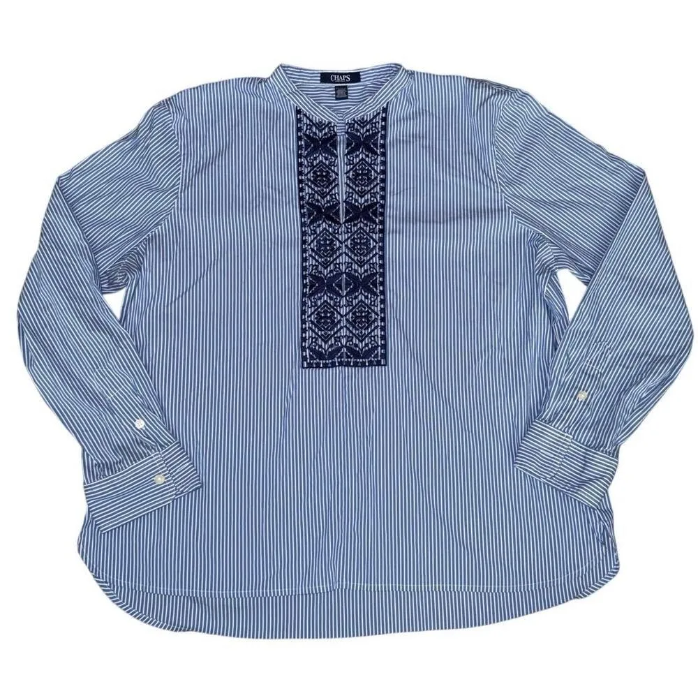 CHAPS Chan Embroidered Blue White Embroidered Stripe Tunic Blouse Dressy Top XL - Image 6