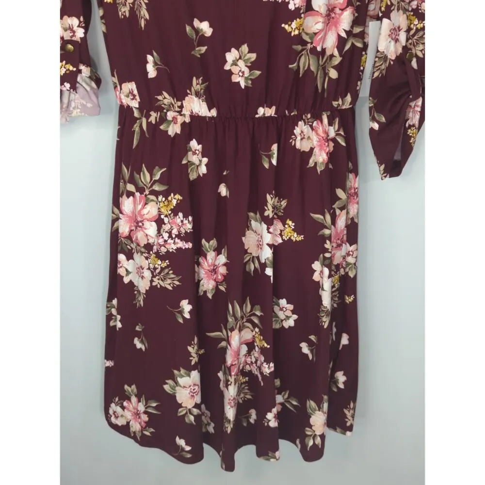 French Grey Women's Floral‎ Brushed Knit Dress Burgundy Medium NWT Bohemian - Image 3