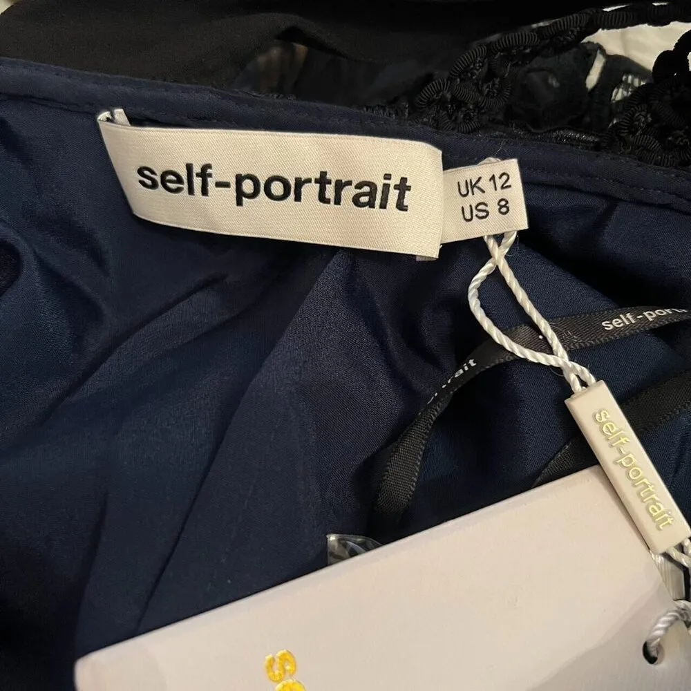 NWT Self Portrait Navy 3D Cold Shoulder Floral Guipure LACE Mini Dress Sz 8 - Image 6