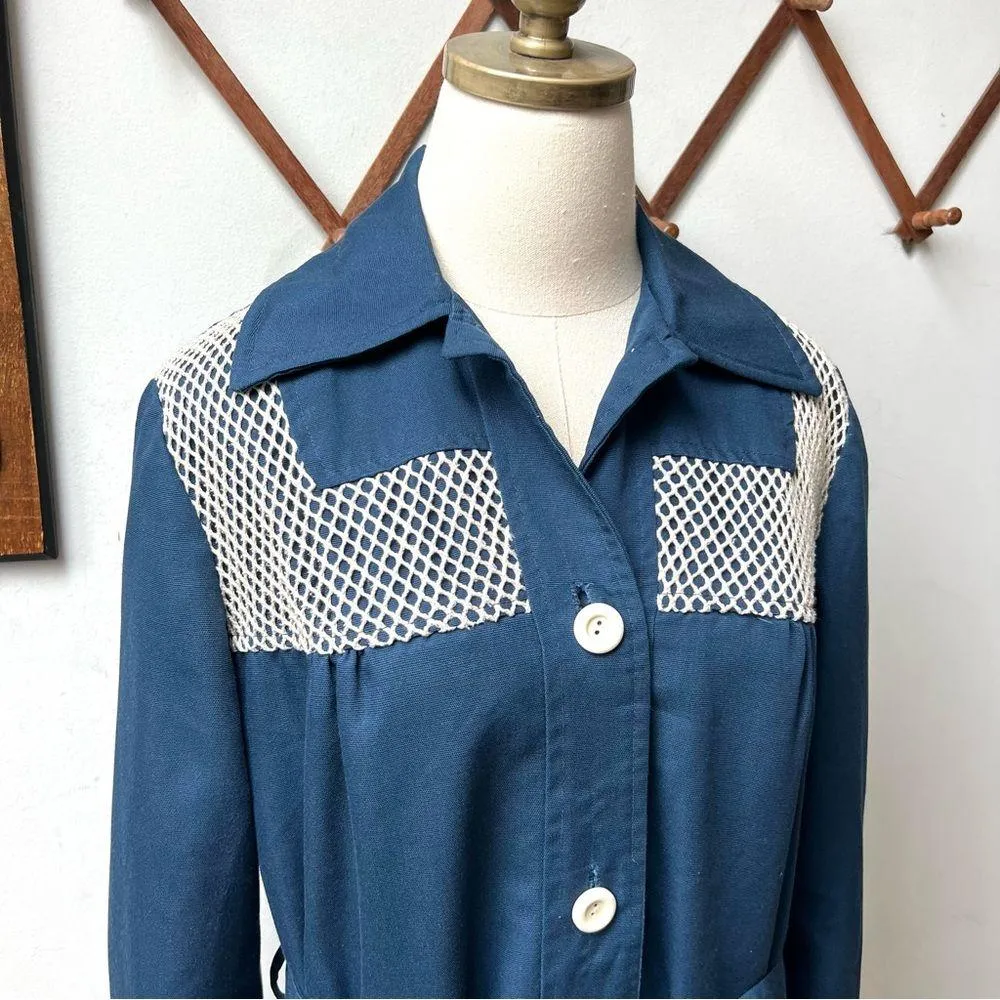 1960s Lightweight Blue Retro Belted Jacket Size M - Image 2