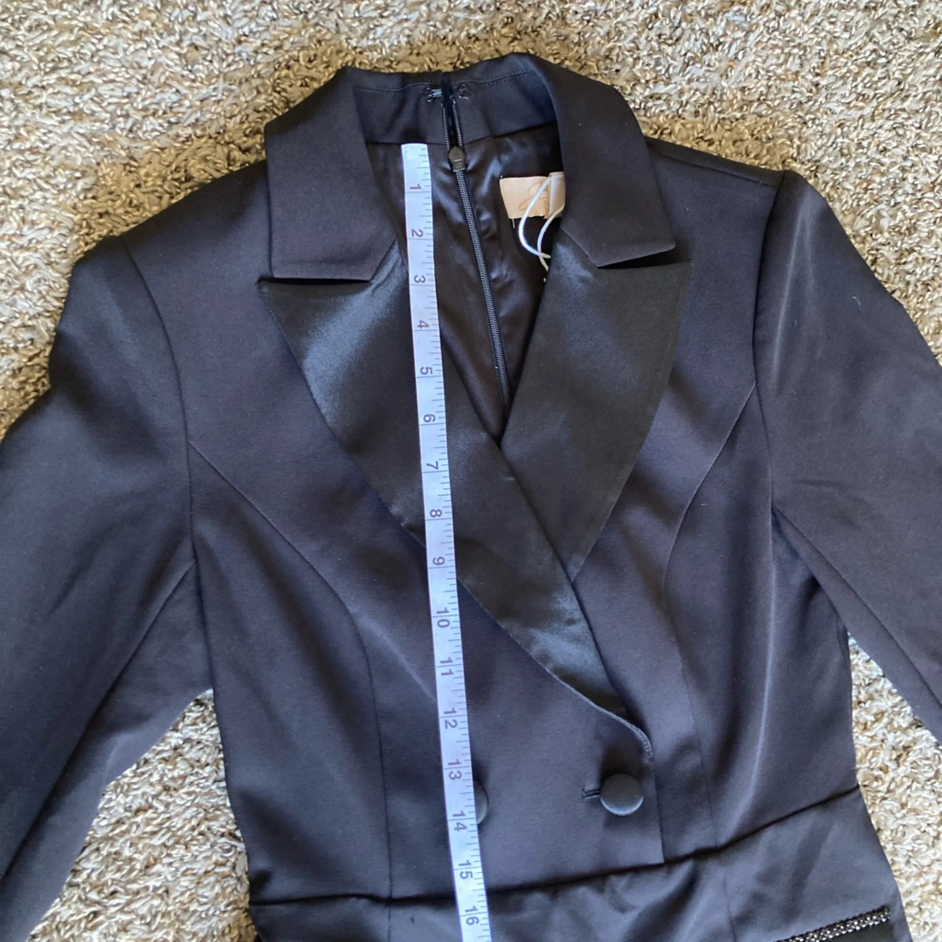 JouJou by Badgley Mischka Black Tuxedo Blazer Romper Size 10 Rhinestone Trim - Image 4