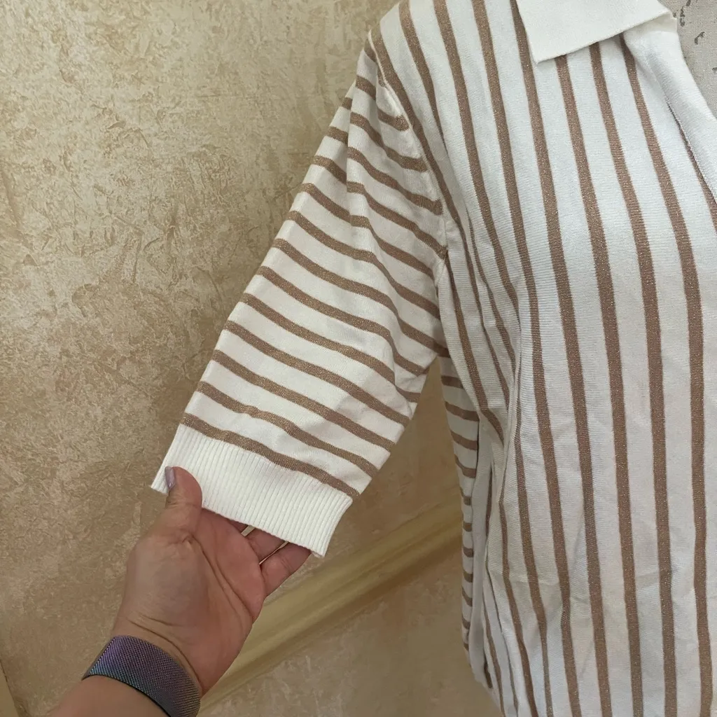 Aaeda Polo Collar Stripe Sweater Gold Metallic short sleeves Sz XL White - Image 3