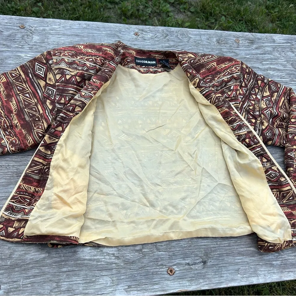 Vintage Diane Gilman 90s Blazer Cropped Zip Jacket Silk Aztec Bomber medium fall - Image 9