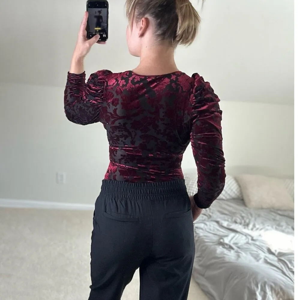 Free People: Red Floral Velvet Puffy Sleeve Deep V Neck Bodysuit - Image 2