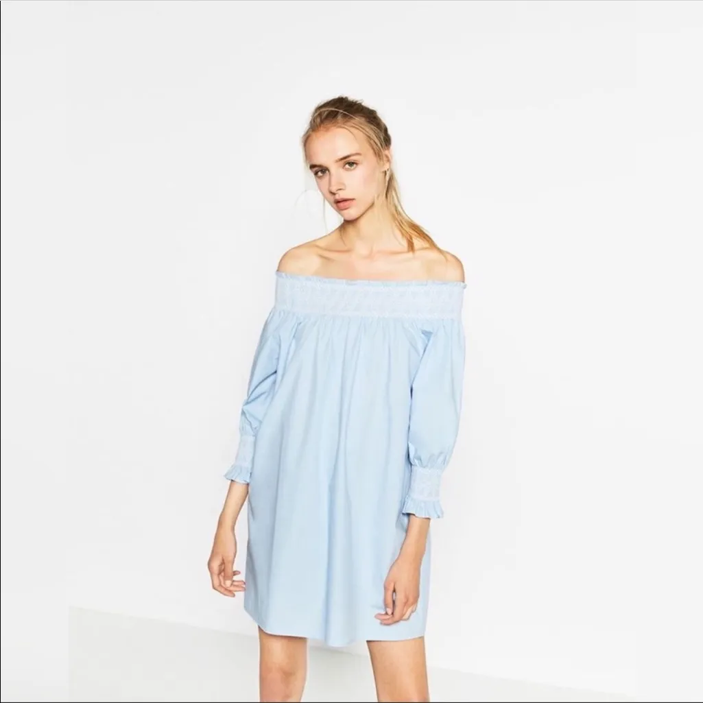 NWOT Zara Off The Shoulder Embroidered Dress Bloggers Fav Blue - Image 2