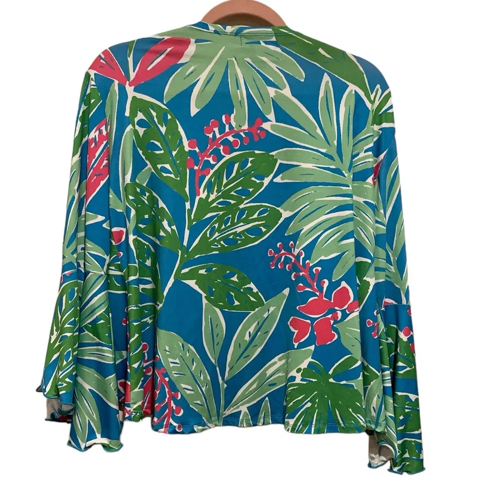 TABI FLORAL TROPICAL BLUE GREEN PINK STRETCHY BOHO BELL SLEEVE OPEN CROP CARDY L Size L - Image 7