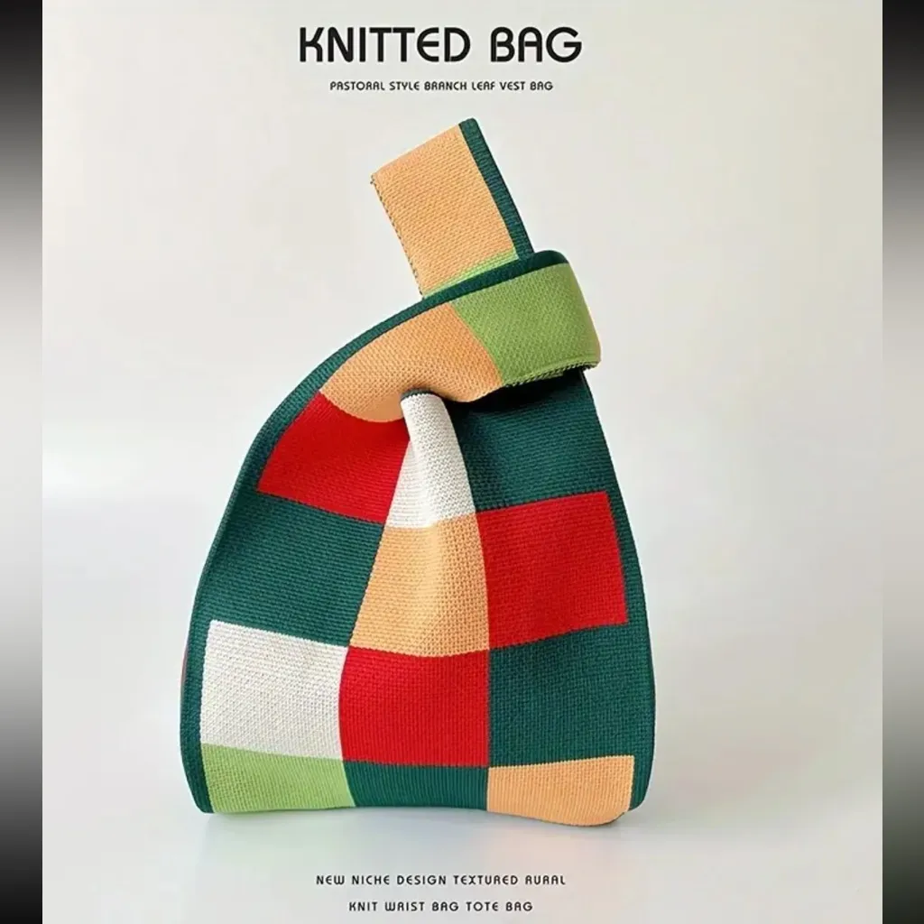 Colorblock Plaid Knitted Style Korean Style‎ Aesthetic Knotted Wrist Bag Woven - Image 4