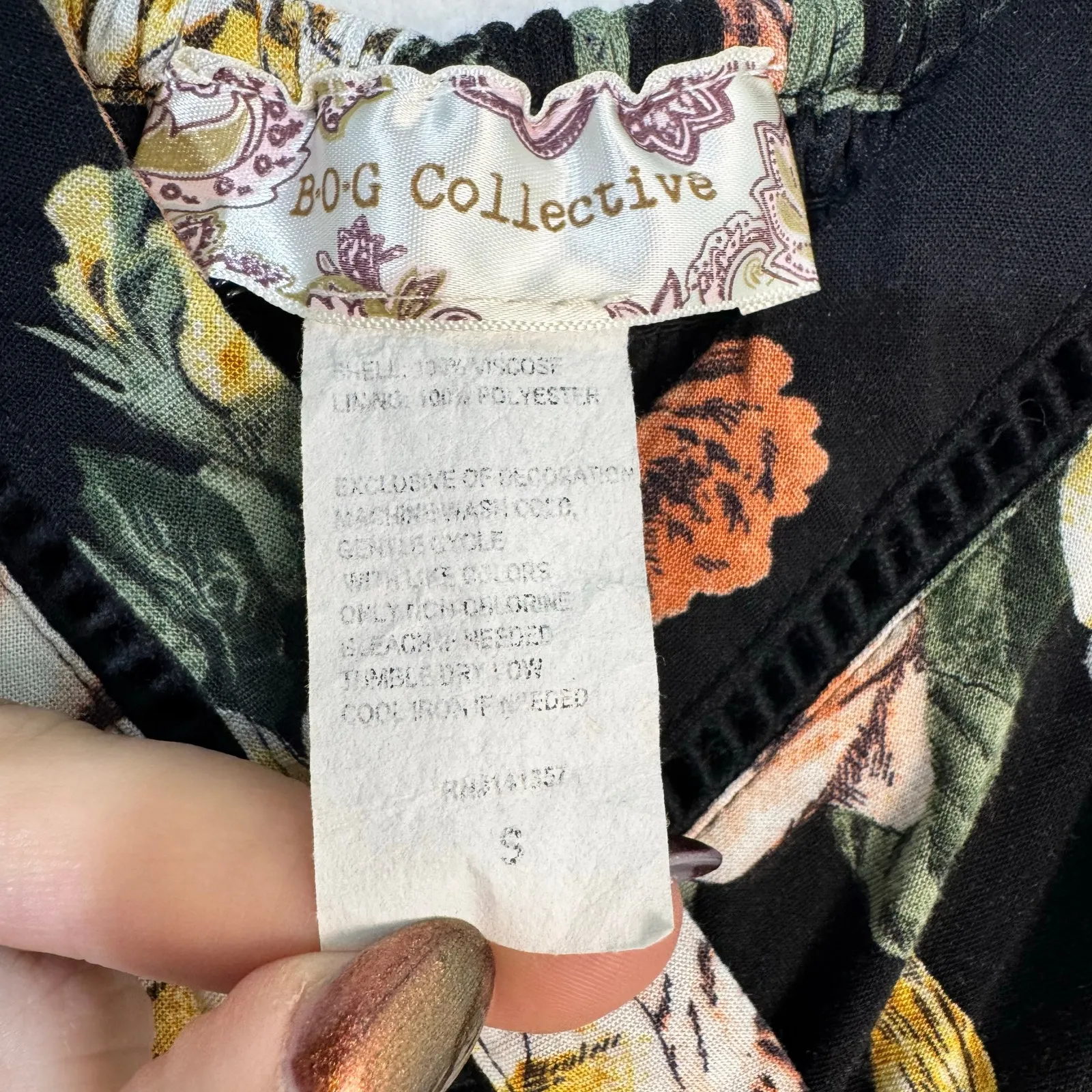 B.O.G Collective Black Faux Wrap Dress Yellow Pink Rose Print Size Small Ruffled - Image 3