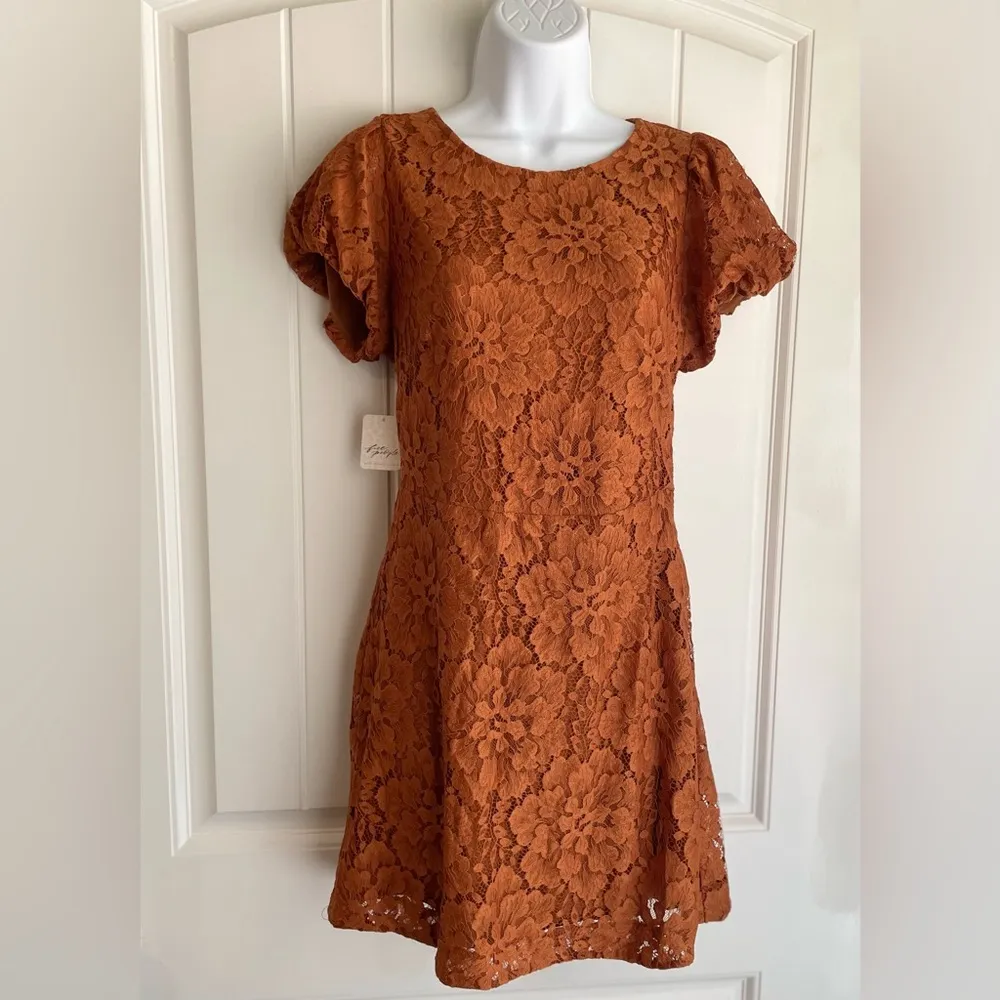 Free People Pretty Penny Burnt Orange Soft Lace Puff Sleeve Mini Dress Sz Small - Image 2
