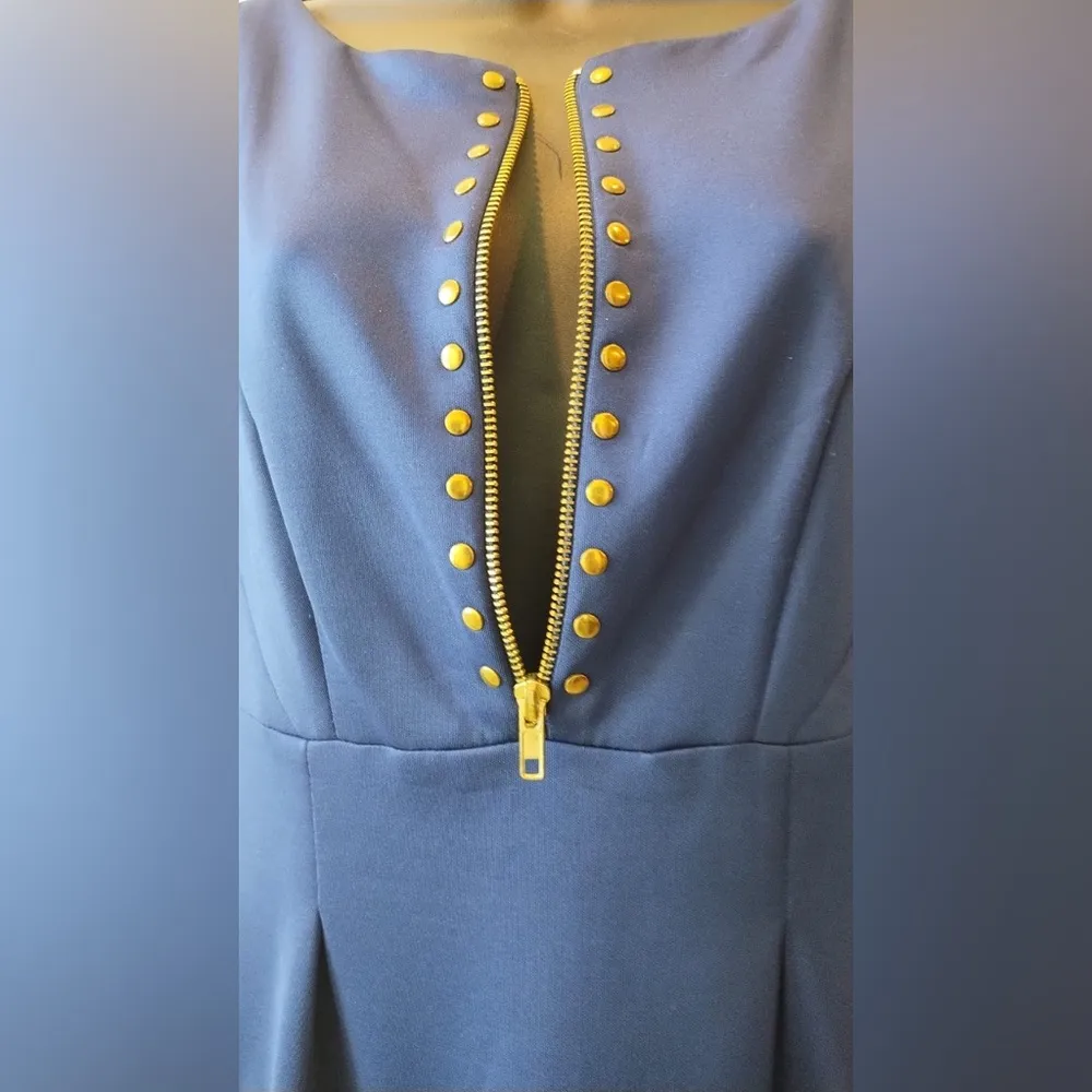 Sangria Navy Blue Gold Studded Stretch Scuba Sheath Work Dress Size 6 - Image 3