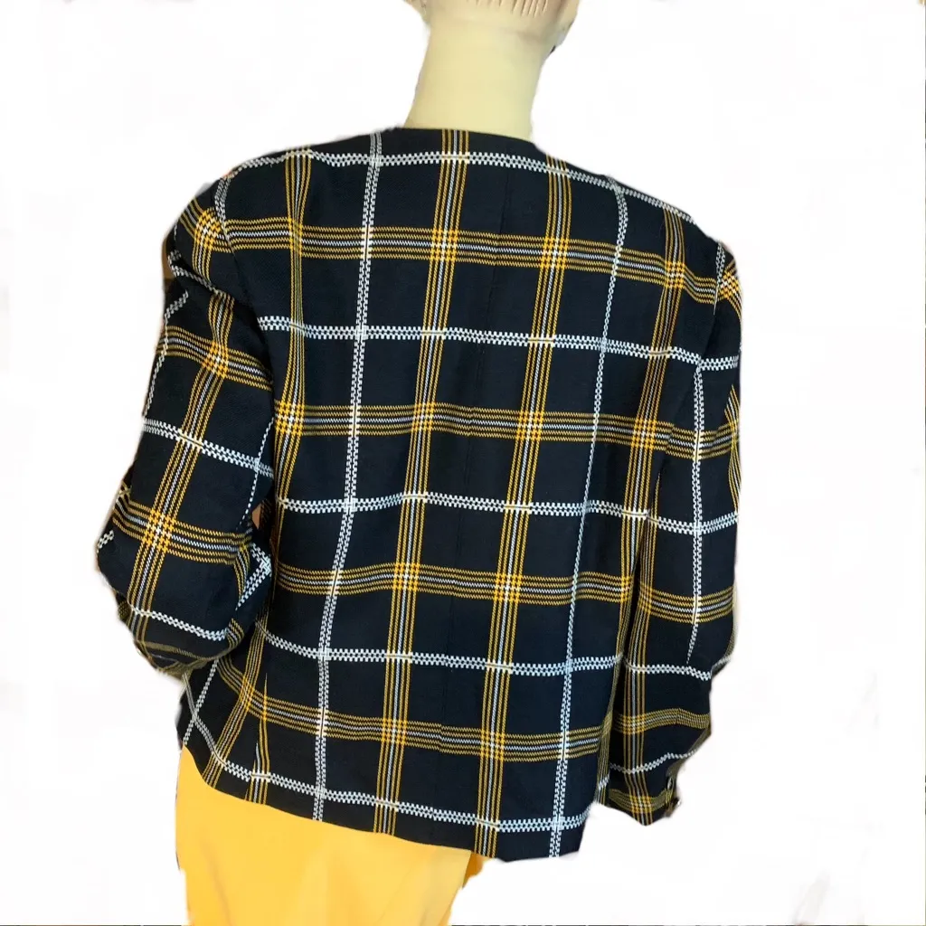 VINTAGE 1980'S TANNER PLAID BLACK, YELLOW & WHITE BLAZER (14) Multiple - Image 6
