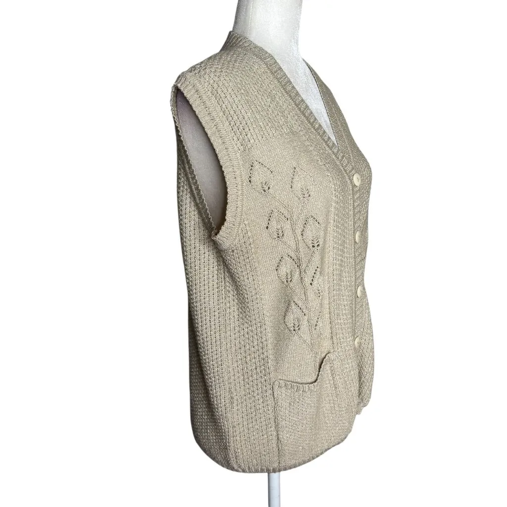 Vintage Tejidos America Knit Button Up Cardigan Vest Medium Beige Metallic Tan - Image 5