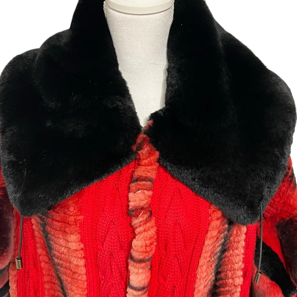 Sheared Dyed Real Rex Rabbit Fur Cable Knit Wool Sweater Jacket Size 8 Womens Red - Image 2