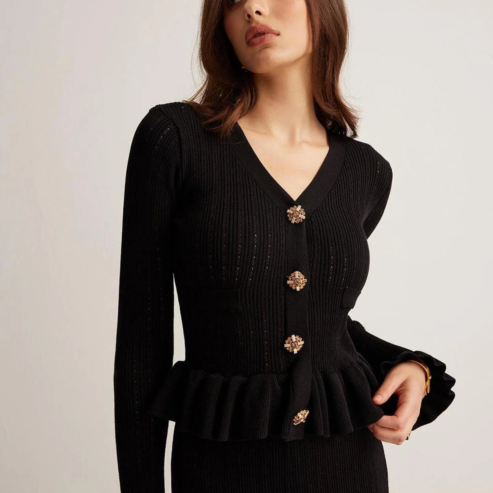 Commense Ruffle Slim Sweater Dress Black Size M - Image 2