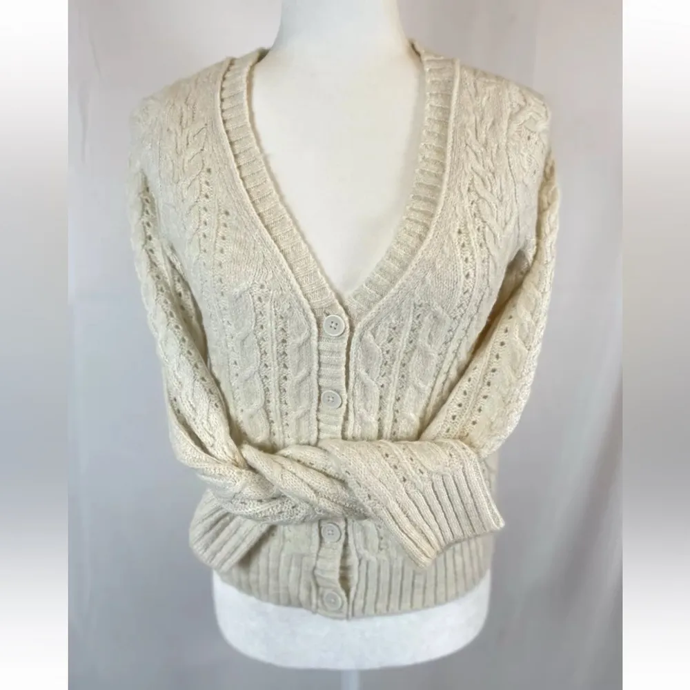 AE Cropped‎ Button-Up Cardigan Knit Sweater Woman’s Size S Cream Ivory - Image 12