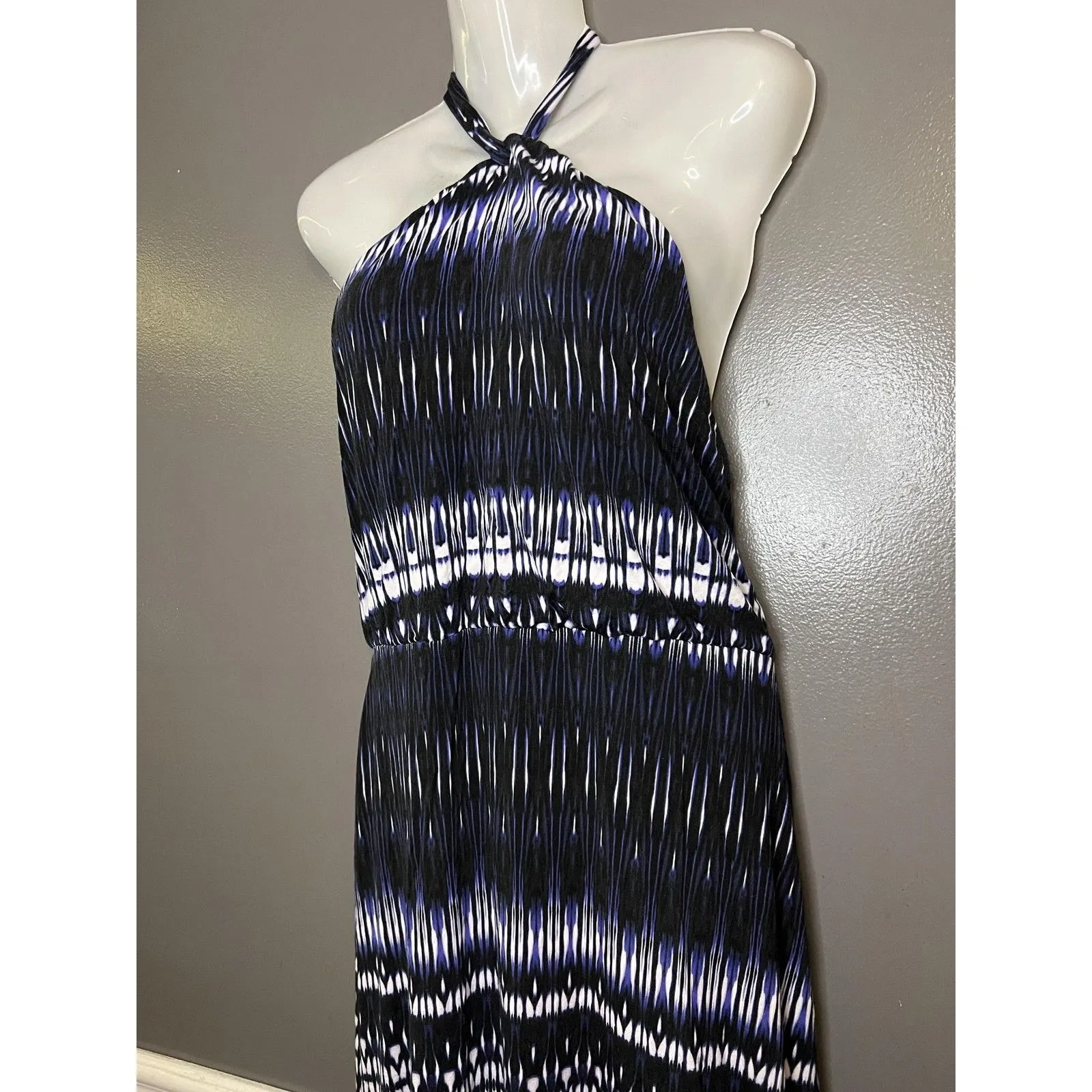 Cynthia Rowley Dress Womens Large Black Blue Halter Maxi Lined Rayon Ikat Boho - Image 5