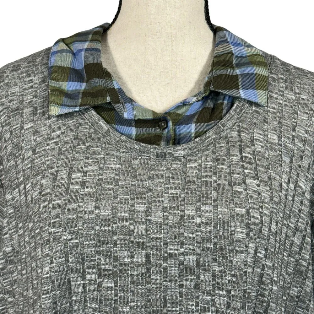CJ Banks 3X-Large Sweater Long Sleeve Plaid Accent V-Neck Collared Stretch Gray - Image 2