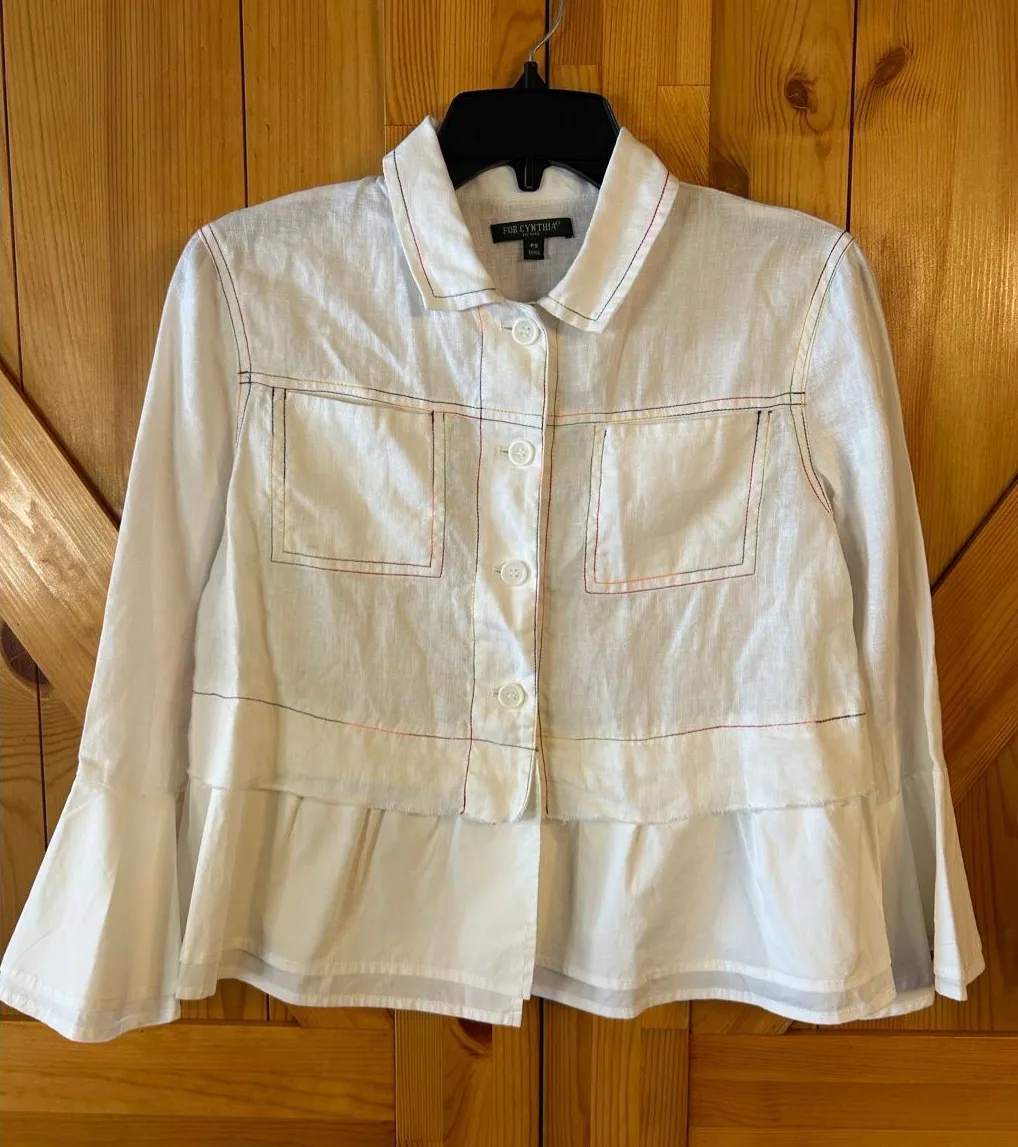 For Cynthia 100% Linen Button Up White Top Ruffled Hem NWT Size PS (6203) - Image 1