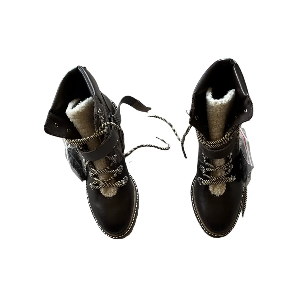 NWT KENSIE Zahara Faux Shearling Trim Block Heel Bootie In Chocolate Brown - Image 3