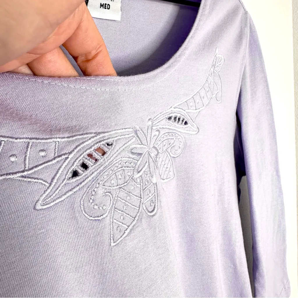 Vintage Blair 100% Cotton Lavender Cut out 3/4 sleeve top Embroidery Cottage - Image 3