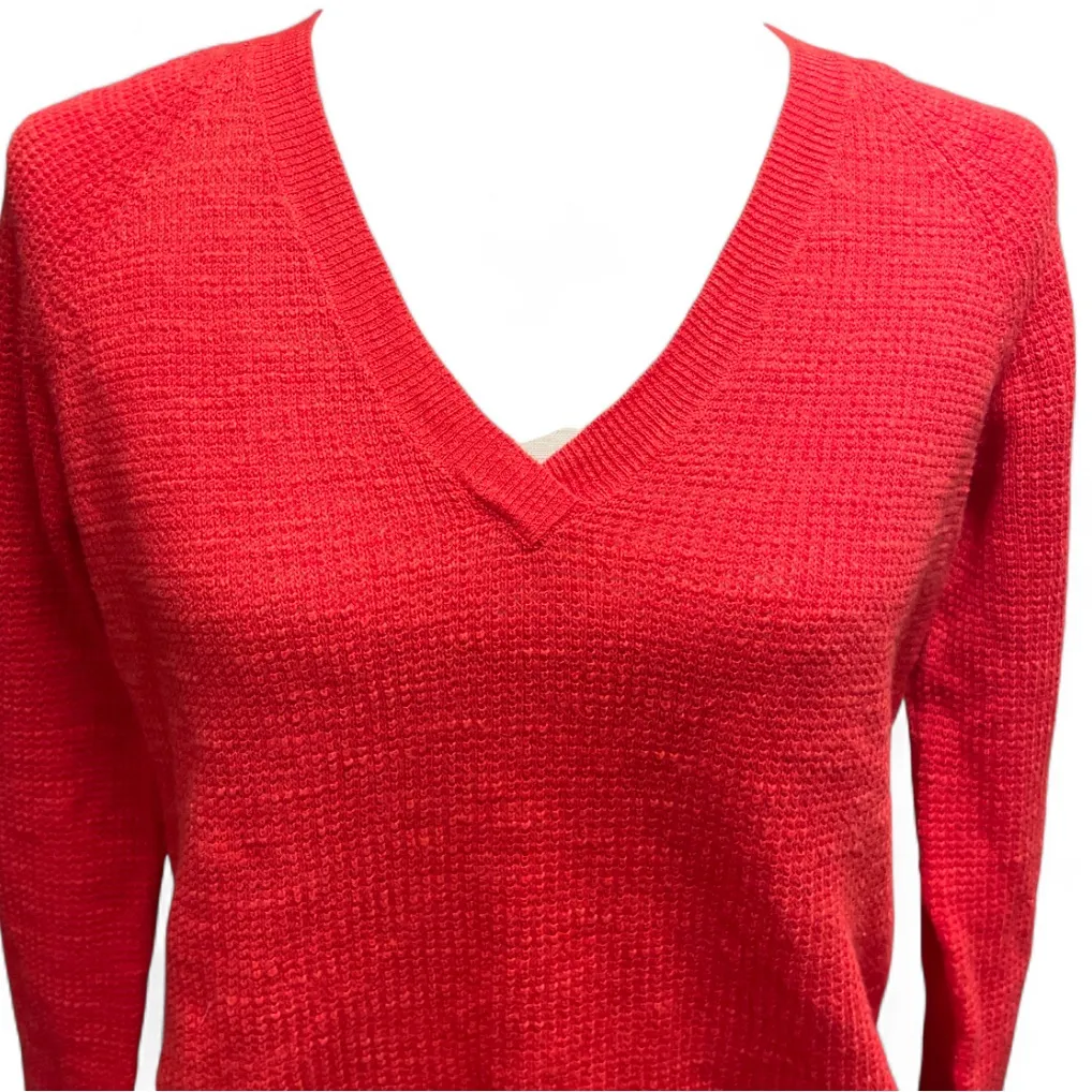 Eileen Fisher Red Orange Organic Linen Blend Vneck Lightweight Knit Sweater XS - Image 3