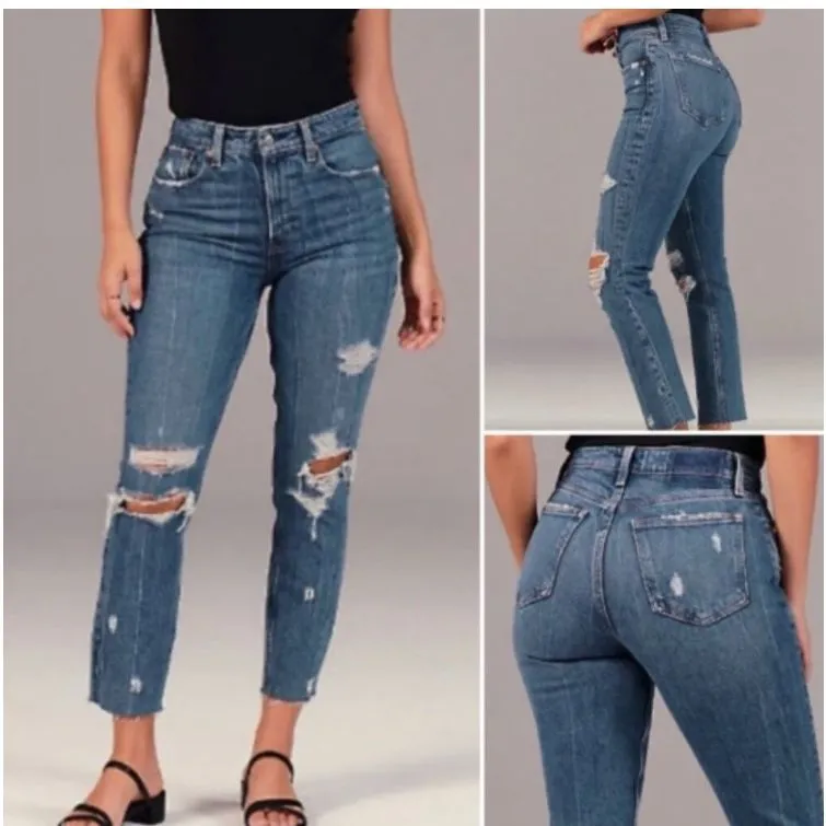 Abercrombie & Fitch High Rise Mom Jeans Dark Wash Distressed 2/26S #761 - Image 2