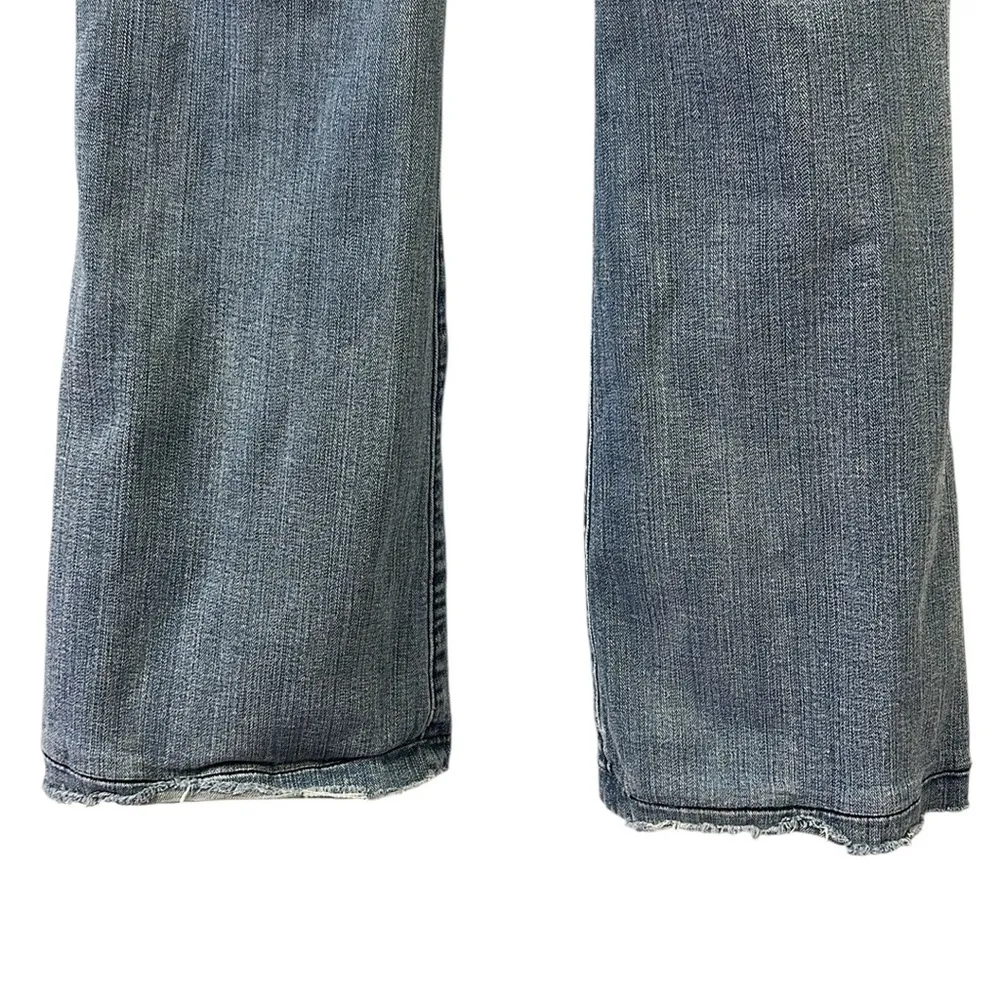 Bebock for Express Distressed Mid Rise Flare Embellished Pocket Blue Jeans 8 - Image 6