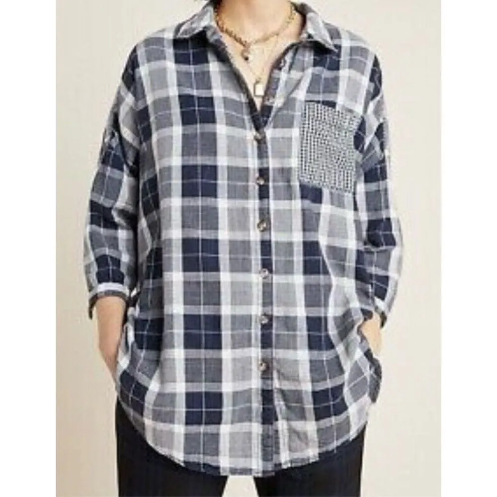 Anthropologie pilcro the letterpress blue plaid boyfriend collared flannel m/l - Image 3