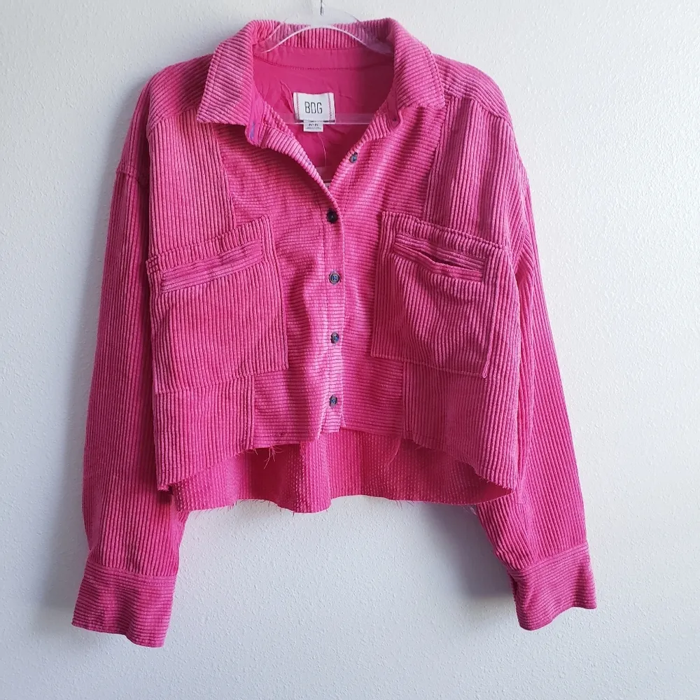 Urban Outfitters BDG Hot Pink Corduroy Cropped Distressed Denim Jacket NEW - Image 2