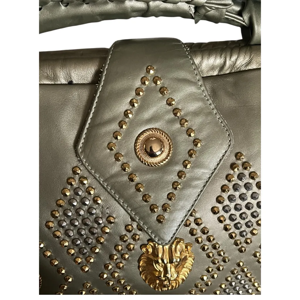 Sage Green Gold Studded Lion Head Genuine Leather USA Crossbody Handbag - Image 5