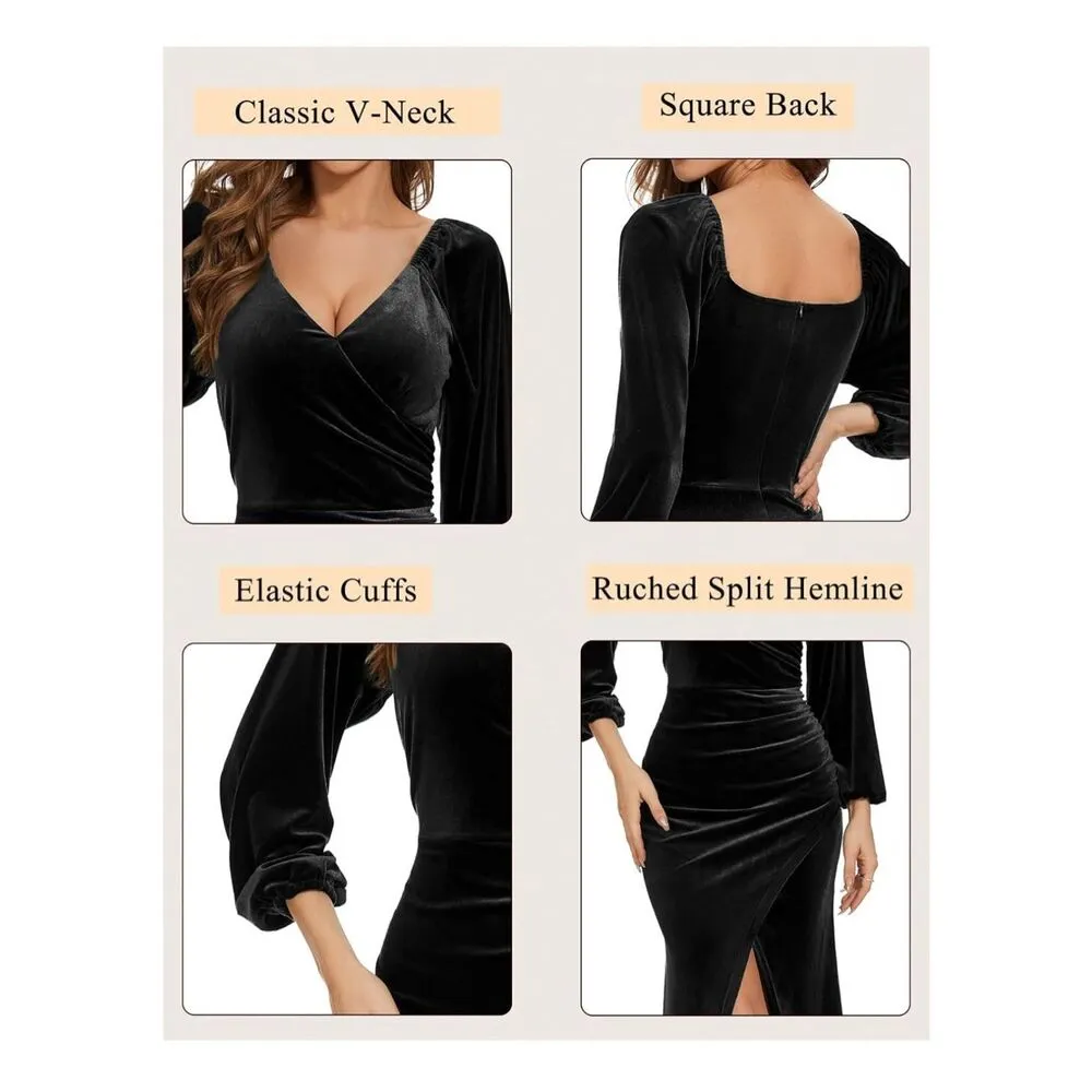 NEW Long Sleeve Ruched Velvet Wrap Cocktail Maxi Dress XL 12/14 Black - Image 6