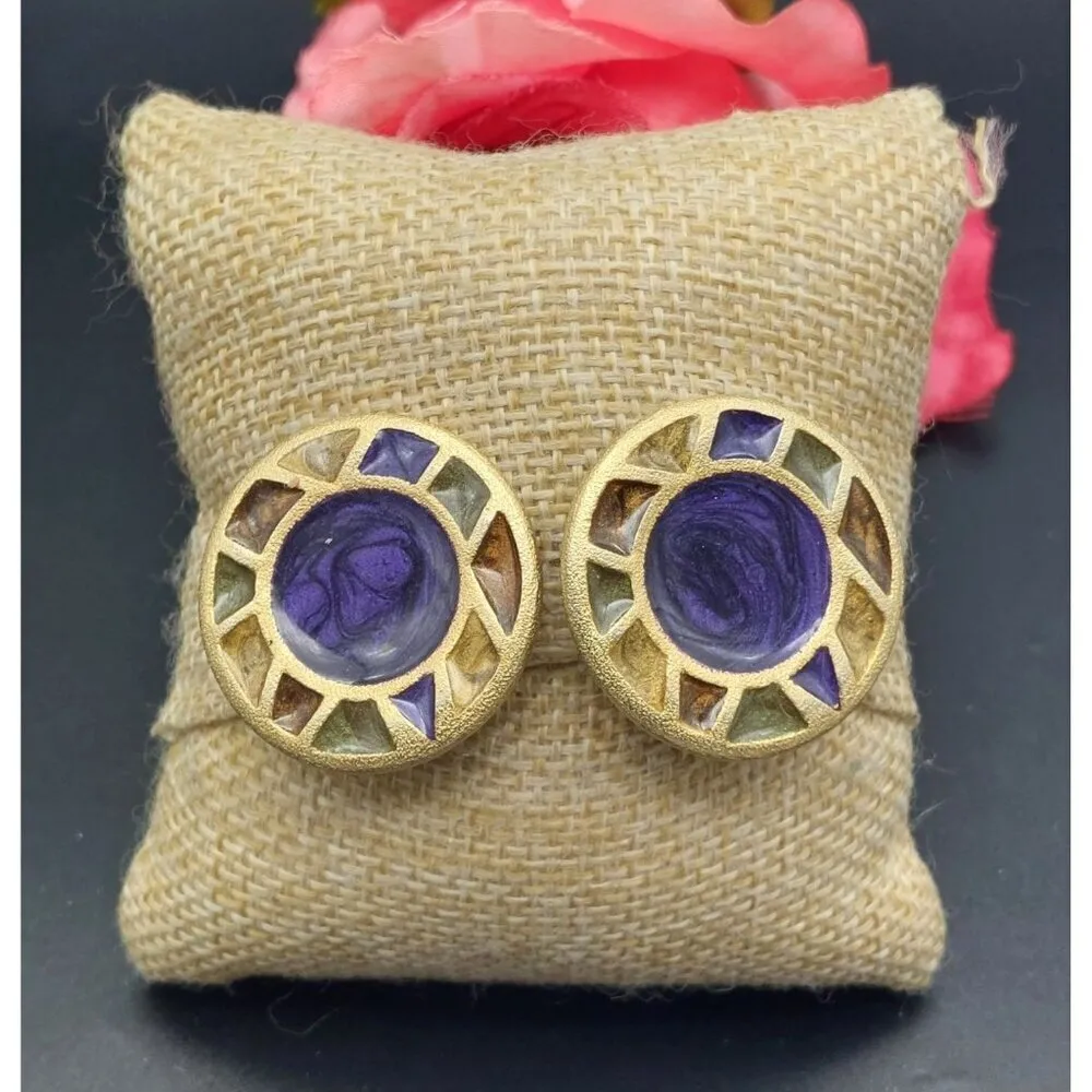 Vintage Xeja Brushed Gold Tone & Enamel Round Clip On Earrings 90's Signed 1.25" - Image 3