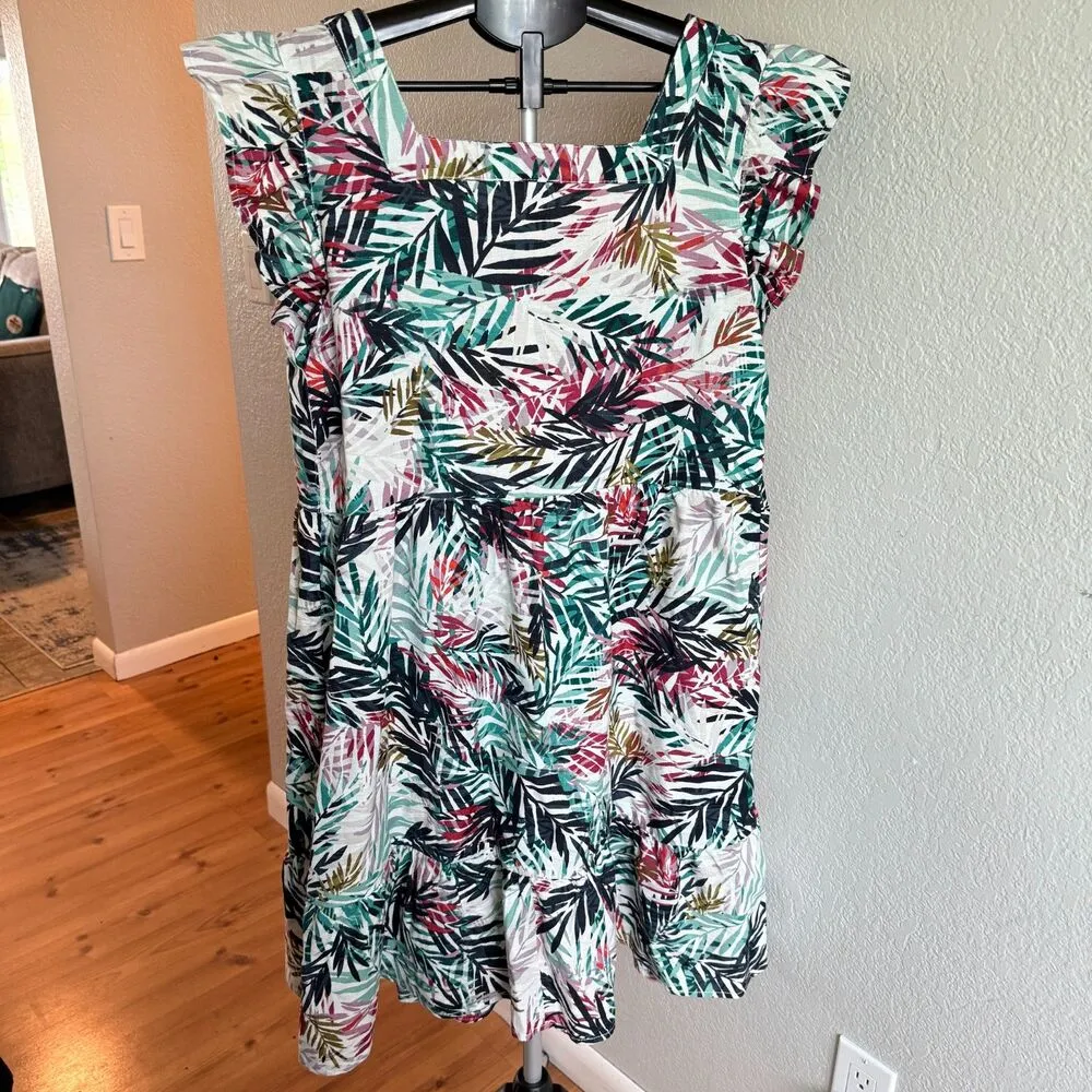 Beach Lunch Lounge Linen Cotton Blend Tropical Vacation Flutter Sleeve Dress L - Image 2