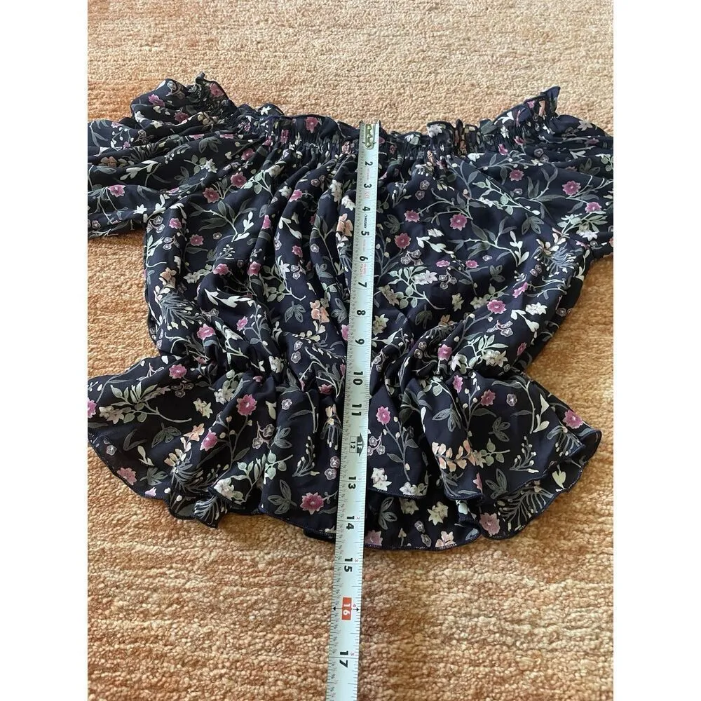 SAINTS & HEARTS FLORAL PRINT PUFF SLEEVES PEASANT BLOUSE USA Size S Black - Image 3