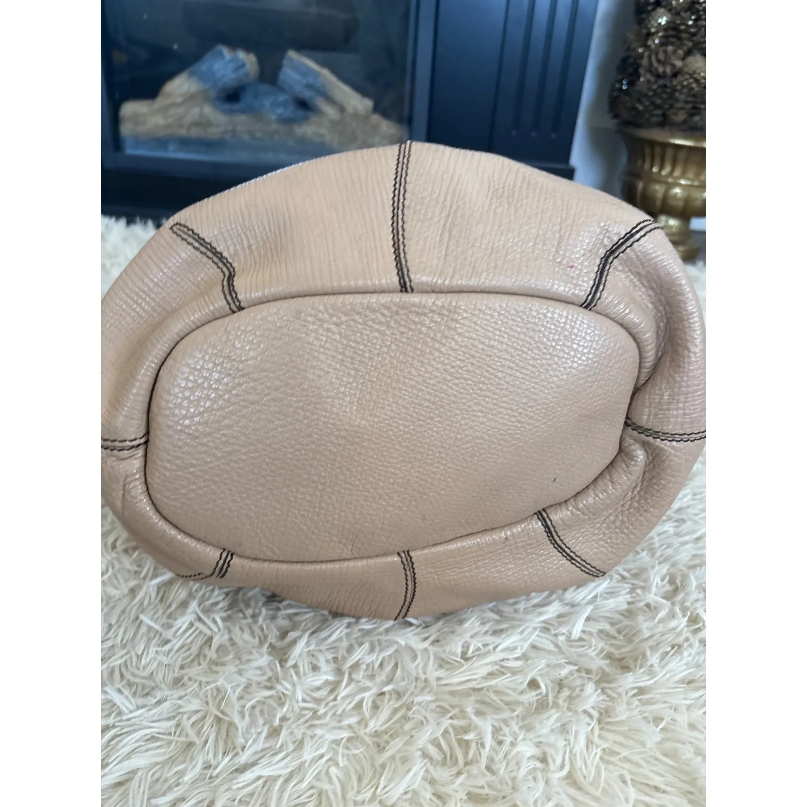 Max Mara Leather Bucket Bag Drawstring Tan Shoulder Crossbody Adjustable Strap - Image 4