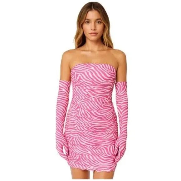 $385 NWOT MISCREANTS Zebra Print Strapless Ruched Mini Dress With Gloves Size 12 Pink - Image 2
