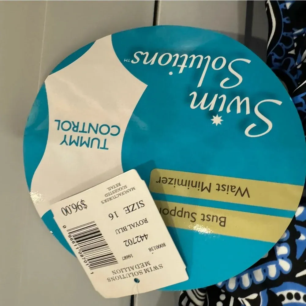 NWT Swim Solutions Blue Floral Mandala One Piece Swimsuit w/ Ruching‎ size 16 - Image 2