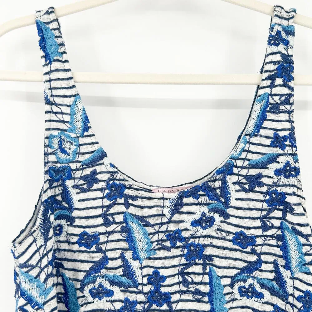 Calypso St Barth Beachy Coastal Striped Embroidered Floral 100% Linen Tank Top L - Image 2