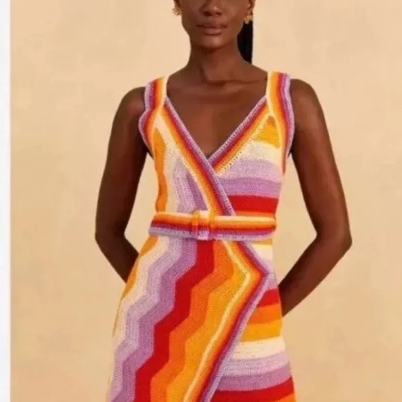 Farm Rio Anthropologie Crochet Mini Wrap Dress Belt Small New NWT Orange Purple - Image 4